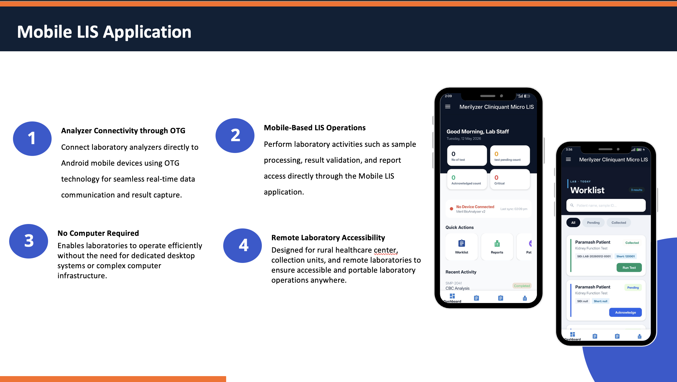 Mobile LIS Application — Merilyzer Cliniquant Micro LIS running on Android tablet with dashboard and worklist views